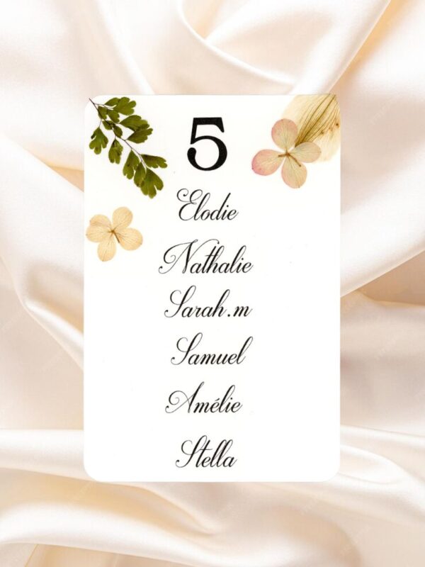 Plan de table Numéro de table fleurs pressées